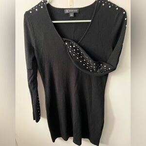 INC Black V Neck Rhinestones Sleeve Runner Viscose Polyester Dress